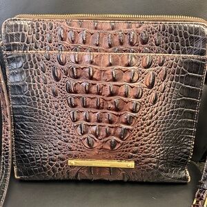 Brahmin Chocolate Brown Croc-Embossed Leather Crossbody with Gold Hardware.